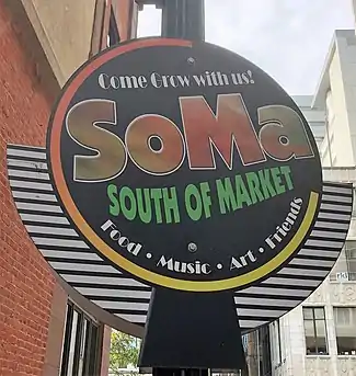 A SoMA sign hanging in Dewberry Street off Market Street