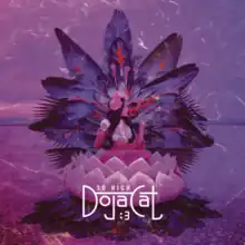 Doja Cat looks to the right side of the image while sitting atop a lotus throne. Behind her is a bundle of large leaves. The image has a purple tint, with wafts of smoke all over it. Below Doja Cat stands white text that reads "So High / Doja Cat / ;3".