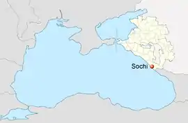 Map of Black Sea showing location of Sochi on the east coast