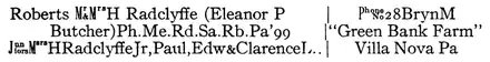 Roberts Mr. & Mrs. H. Radclyffe (Eleanor P. Butcher) Ph. Me. Rd. Sa. Rb. Pa'99 / Juniors Msrs. H. Radclyffe Jr, Paul, Edw & Clarence L. / Phone No 28 BrynM "Green Bank Farm" Villa Nova Pa