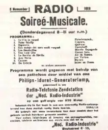 Image 13Advertisement placed on November 5, 1919, Nieuwe Rotterdamsche Courant announcing PCGG's debut broadcast scheduled for the next evening (from Radio broadcasting)