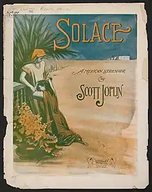 The front cover of "Solace"'s sheet music. It depicts two women on flat terrain, one apparently comforting the other, who is on her knees.