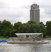 The Solarshuttle, moored in front of Hyde Park Barracks