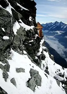 The Solvay Hut (Hörnli Ridge) of the Matterhorn, near Zermatt, Switzerland. At 4,003 metres (13,133 ft)