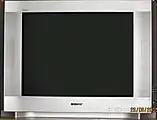 A television set of the mid-2000s. Popular cartoons of the 2000s included Futurama, Family Guy, The Powerpuff Girls, and The Fairly Odd Parents.