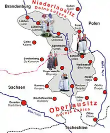 Map of area and towns inhabited by Sorbs