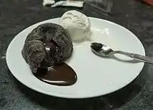 Chocolate soufflé with lava centre served with ice cream