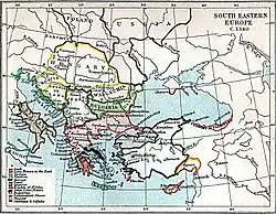 Map of south-eastern Europe and Anatolia. Southern Greece and the Aegean are fragmented between Byzantines and Latins. Byzantium controls the central Balkans from the Adriatic to the Black sea, with smaller Serbia and Bulgaria to its north. Beyond these lie Hungary, controlling Croatia and much of modern-day Romania, and the Romanian principalities of Wallachia and Moldavia. Anatolia is dominated by Turkish states, with the Ottoman emirate highlighted in the northwest, across the sea from the Byzantines. The empire of Trebizond is in the northeast of Anatolia, with other Latin powers in the southeast.