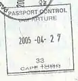 South Africa: old style exit stamp from Cape Town INT Airport. OR Thambo INT Airport (Formerly JHB INT Airport) used this style since 1994-2006. This style is still current for road travel.