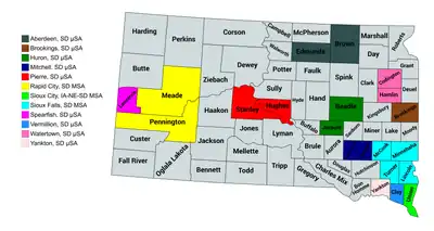 Map of the 12 core-based statistical areas in South Dakota.