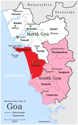 Location of South Goa district in GoaRed: Velhas Conquistas (old Portuguese conquests)Pink: Novas Conquistas (new Portuguese conquests)Yellow: District Capital