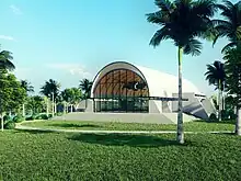An exterior rendering of the proposed Stage 1 of the South Pacific WWII Museum, that mimics a WWII Quonset hut.