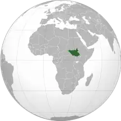 South Sudan in dark green, territory claimed but not fully controlled in light green