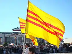 A man and woman each hold a flag, both of which have a yellow background with three stripes on top, as they march down a road. On the nearby sidewalk, a crowd watches them behind metal barriers.