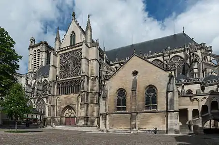 The south side and transept. The chapter house is to the right of the transept.