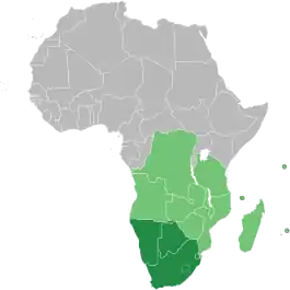 Map of Africa indicating SADC (light green) and SADC+SACU (dark green) members.