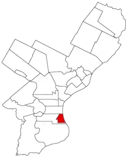 Map of Philadelphia County, Pennsylvania highlighting Southwark District prior to the Act of Consolidation, 1854