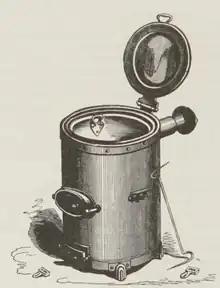 drawing of a cylindrical cooking stove, with lid at the top and door for fuelling at the lower front