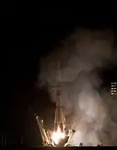 The Soyuz TMA-01M launches from the Baikonur Cosmodrome.