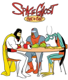 Space Ghost, Moltar, and Zorak sit around a coffee table.