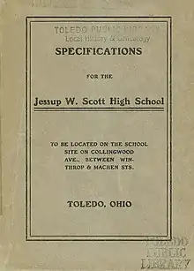 Specifications for labor and materials required in the erection of a school building to be known as the Jessup W. Scott High School to be located on the school site on Collingwood ave., between Winthrop and Machen sts., Toledo, Ohio, begins with requirements for the bidding contractors, along with expectations for them while working on the project. The remainder of the book contains specific details for the building project. It was written by the Department of Architecture of the Board of Education, Toledo, Ohio, David L. Stine (1854-1941), architect.
