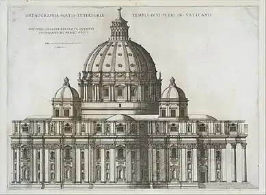 This engraving shows the chancel end of the building much as it was built, except that the dome in this picture is completely semi-circular, not ovoid