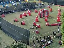 View of a course during a speedball game in progress.