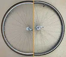 Bicycle wheels with a radial spoke pattern (left) and three cross (right)