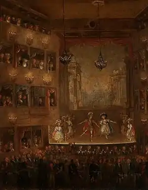 Play in the presence of king Stanisław II August, 1790. The painting depicts the interior of the first National Theatre in Warsaw situated at the Krasiński Square. This theatre was generously supported by Elżbieta Lubomirska.