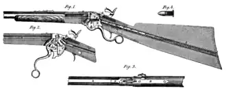 The Spencer repeating rifle uses a falling breechblock (F) mounted in a carrier (E).  Figure 1, shows the breechblock raised.  Firing forces are contained by the receiver at the rear of the breechblock.