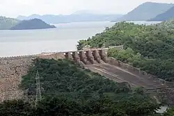 Spillways of Akosombo dam with 6 floodgate in Akosombo, Ghana