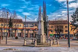 The memorial fountain in the town center