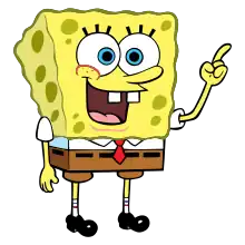 A cartoon illustration of a yellow rectangular sponge with olive-green holes smiling with his blue eyes and red dimpled checks.