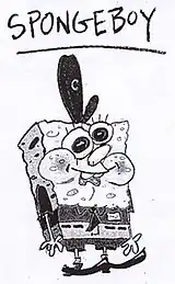 A black and white drawing of Spongeboy with arms and feet wearing a hat. It wears a goofy grin in with a light grey shirt and darker grey pants.