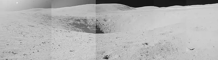 Mosaic showing Spook crater with Stone Mountain in the background.  The white line near the horizon at right is the ejecta blanket of South Ray crater.