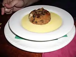 Dessert: Spotted dick (19th century) with custard (Roman, and medieval)