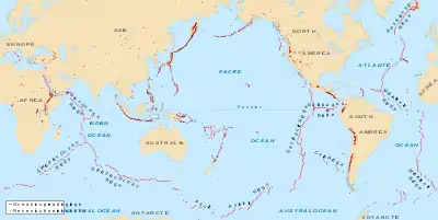 Image 42A map of recent volcanic activity and ridge spreading. The areas where NASA GRACE measured gravity to be stronger than the theoretical gravity have a strong correlation with the positions of the volcanic activity and ridge spreading. (from Gravity of Earth)