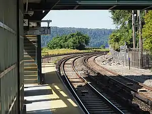 Northbound tracks leaving station.  New Jersey and the Palisades are visible in the background.