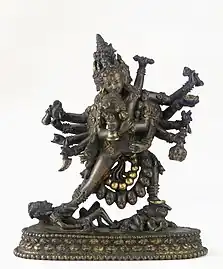 Sri Cakrasamvara and Vajravarahi. Copper, gilt, jewel inlay. Nepal, 16th-17th century