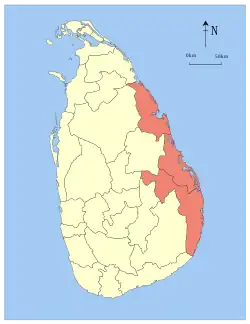 Map indicating the extent of Eastern Province within Sri Lanka