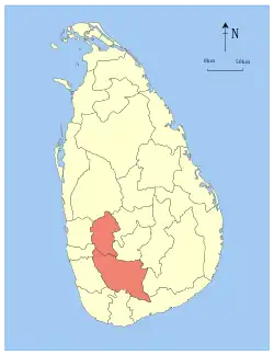 Map indicating the extent of Sabaragamuwa Province within Sri Lanka