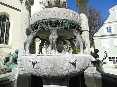 Atlantes, caryatids at Sankt-Mang-Brunnen by Georg Wrba in Kempten, Germany (1905)