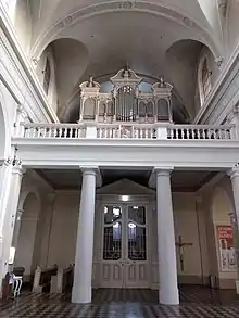 St. Albert Church, Riga, inside view, the main door with the Choir balcony