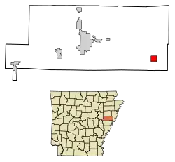 Location of Hughes in St. Francis County, Arkansas.