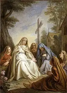 Painting of a women dressed in white, surrounded by four young women, with a cross in the background