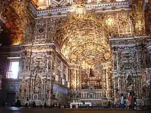 Interior of St. Francis of Assisi Church, Salvador, showing the extraordinarily rich woodcarving.