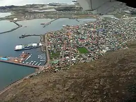 Aerial view of St Pierre, the capital and largest town
