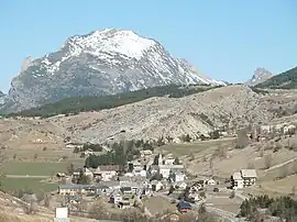 The village of Saint-Étienne-en-Dévoluy, with the south face of Le Gicon in the background