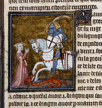 Miniature of George and the Dragon, ms. of the Legenda Aurea, Paris, 1382 (BL Royal 19 B XVII, f. 109).