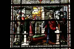 Stained glass window (1890): Foundation of the church of St John's Church, Chester, England, by king Æthelred of Mercia 689.